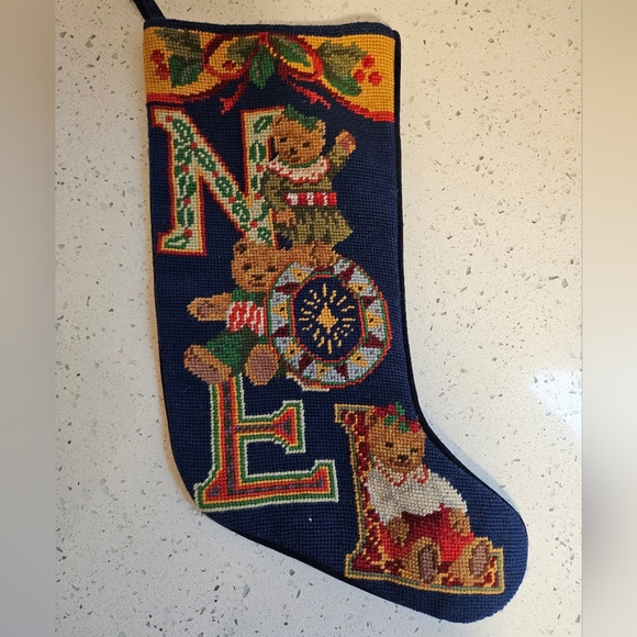 Vintage needlepoint teddy bear noel stocking - Picture 2 of 6